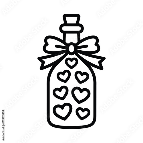 Black and white outline of a bottle with hearts and a bow