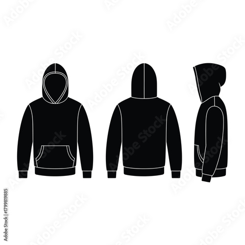 Black hoodie viewed from front back and side angles