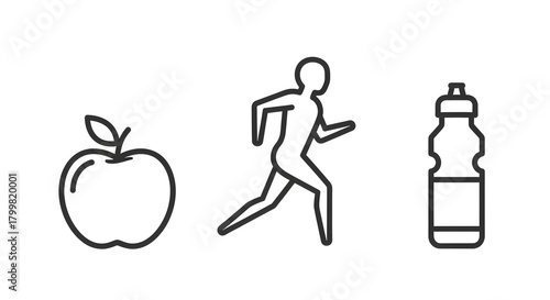 Healthy Lifestyle Outline Icons Run, Eat, Drink