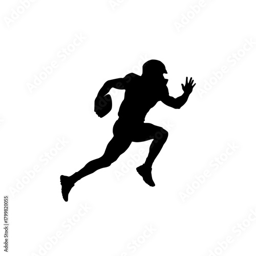 Silhouette of an american football player running with the ball during a game on a white background