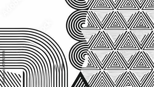 Geometric Patterns Of Triangles And Concentric Arcs On White Background abstract black