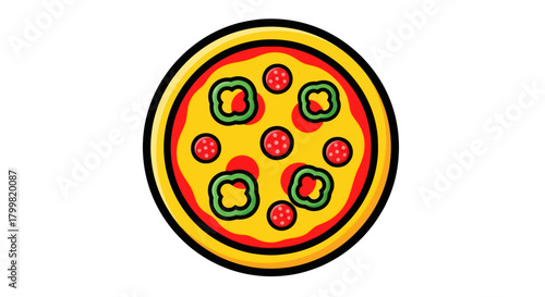 Vibrant Cartoon Pizza with Pepperoni and Green Peppers.