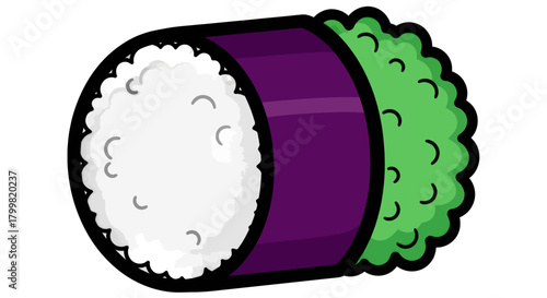 Stylized Sushi Roll Illustration with Rice Nori and Green Filling.