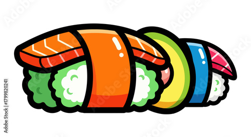 Vibrant cartoon illustration of a row of Japanese nigiri sushi.