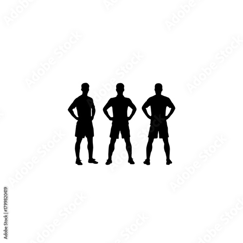 Three athletic male silhouettes standing confidently with hands on hips against a clean white background