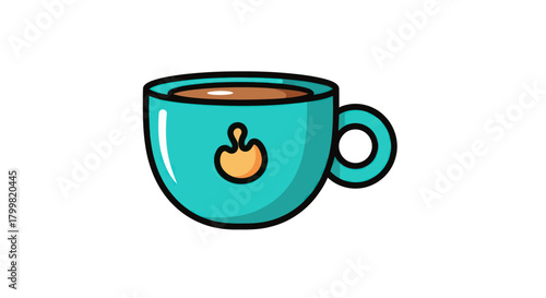 Teal Coffee Cup with Golden Flame Emblem, Warm Beverage Illustration.