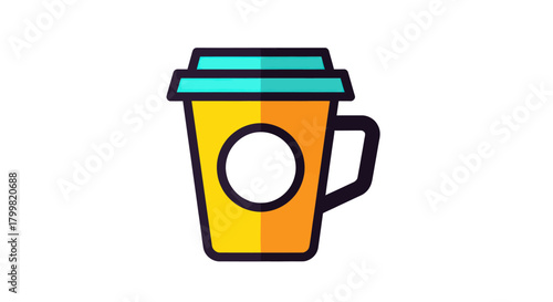 Stylized Yellow Coffee Cup with Teal Lid and White Circle Logo.