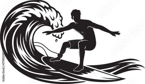 Silhouette of a surfer riding a large wave with a black and white illustration style