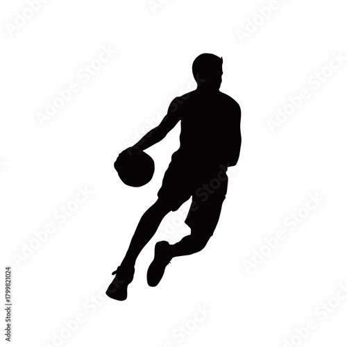 Silhouette of a male basketball player dribbling a ball on a white background