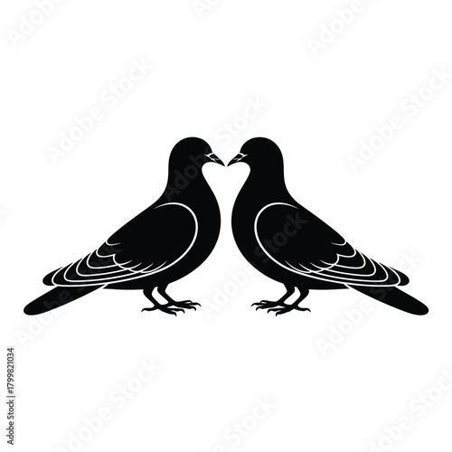 Two black silhouette pigeons facing each other on a white background