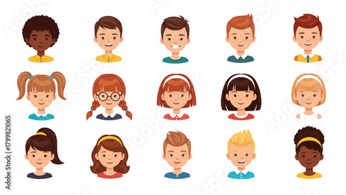 Diverse Kids Avatar Portraits Set: Happy Boys and Girls Faces in Flat Cartoon Style for Profile User Icons