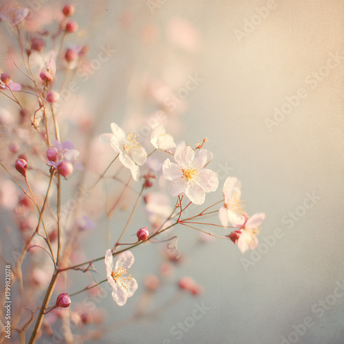 Soft pastel background with delicate flowers, warm sunlight, dreamy French aesthetic, feminine and elegant, vintage texture, vertical format


