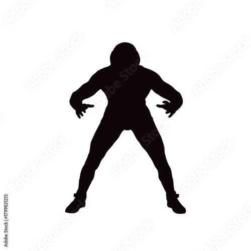 Dynamic silhouette of a muscular person in a powerful stance with arms extended