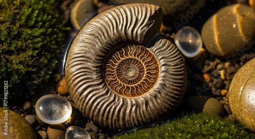 Close up of a fossilized ammonite shell with intricate spiral patterns