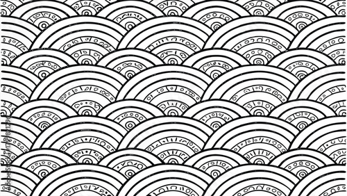 Hand- Drawn Black and White Pattern of Concentric Arcs and Circles hand-drawn doodle
