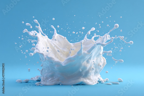 Dynamic white liquid splash creating myriad drops and swirling shapes against a clean light blue background a fresh and creamy burst