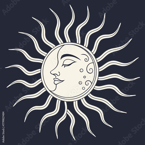 Stylized sun and moon illustration with a face on a dark background