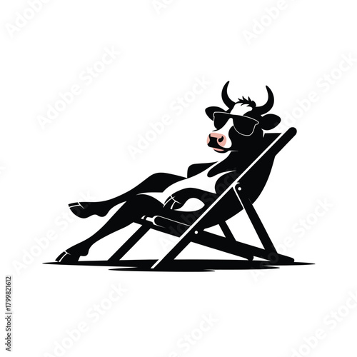 Funny cow relaxing in a lounge chair wearing sunglasses