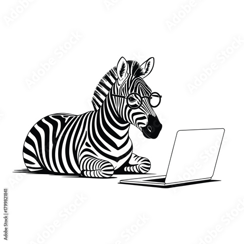 Zebra wearing glasses using a laptop computer
