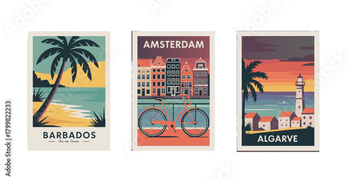 Algarve portugal amsterdam netherlands barbados caribbean vintage travel poster collection, showcasing scenic views, cultural landmarks, and retro style, ideal for high quality wall art prints.
