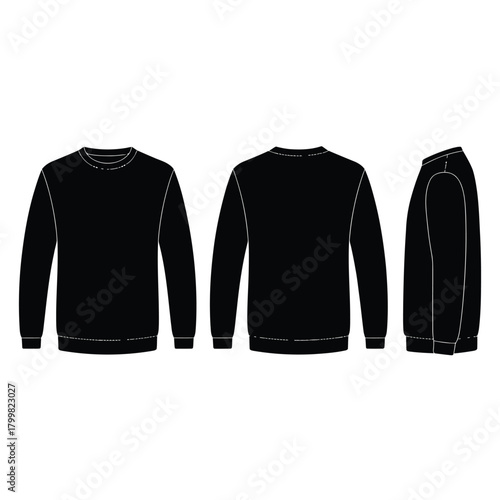 Black crew neck long sleeve sweater mockup front back and side views