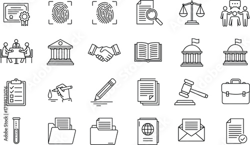 Mega Set of Hand Drawn Law, Justice, and Legal Doodle Outline Icons Vector Illustration