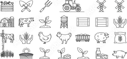 Mega Set of Hand Drawn Farming, Agriculture, and Farm Animal Doodle Outline Icons Vector Illustration
