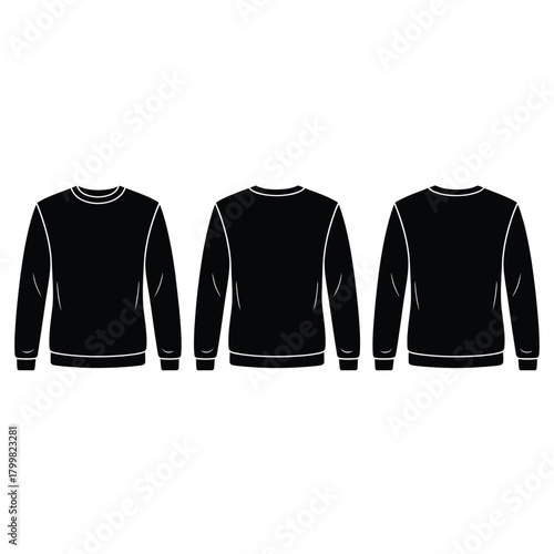 Three black long sleeve t shirts displayed front back and side