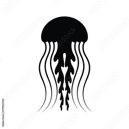 Stylized black silhouette of a jellyfish with flowing tentacles