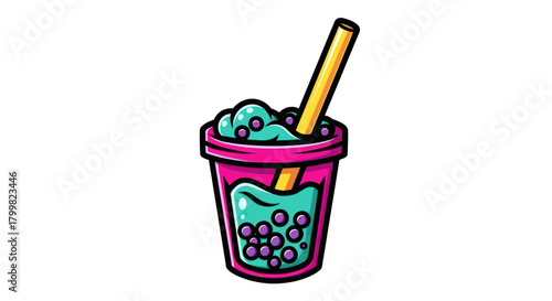 Refreshing bubble tea drink with straw and colorful tapioca pearls.