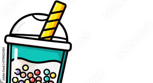 Refreshing bubble tea drink with colorful tapioca pearls and straw.