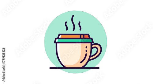 Steaming hot coffee cup with a lid icon vector illustration.