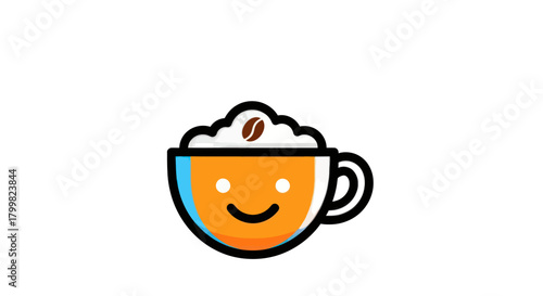 Smiling coffee cup with whipped cream and a coffee bean on top.