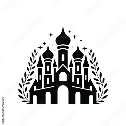 Elegant black silhouette of a fairytale castle with laurel wreath