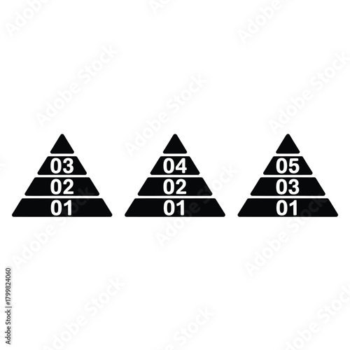 Three black pyramids with numbered layers for data visualization