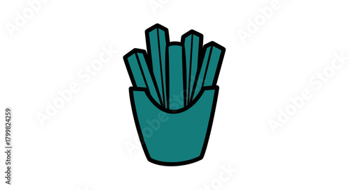 Minimalist Teal French Fries in a Container on a White Background.