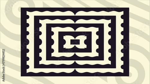 Ornate Black and Cream Square Pattern with Scalloped Edges and Spiral Background beige