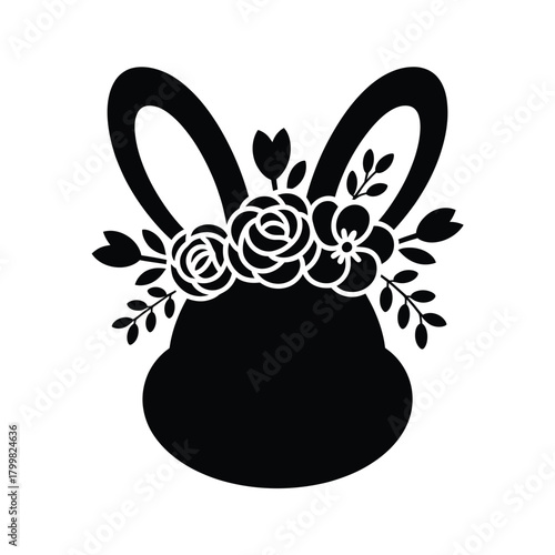 Black silhouette of a bunny head with a floral crown