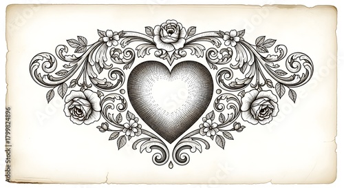 Vintage Floral Heart Ornament Illustration