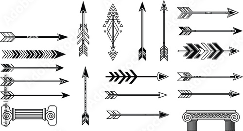 Arrow designs, tribal arrow, geometric arrow, decorative arrowhead, stylized arrows, fletching patterns, tattoo inspiration, cultural motifs, black white illustration