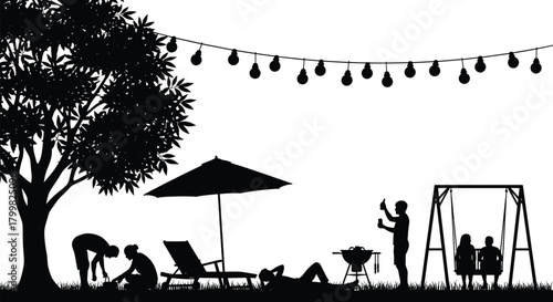 Backyard family leisure, outdoor activities, gardening, barbecue cooking, children playing, swing set fun, relaxation, patio umbrella, festive lights
