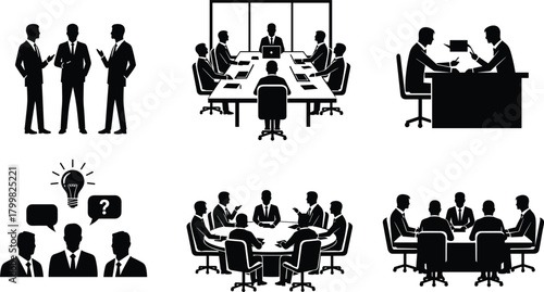 Business meeting silhouettes, teamwork collaboration, office discussion, brainstorming ideas, corporate negotiation, professional communication, conference presentation, workplace
