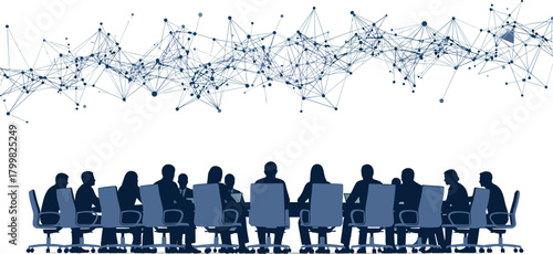 Business meeting silhouette, corporate teamwork, digital network, data exchange, communication, collaboration, strategy, innovation, technology, conference table discussion