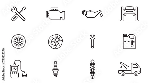 Car service icon set collection in outline style, suitable for web and print design. Including icons like tools, engine, battery, tire, oil can, wrench, car wash, speedometer, car lift
