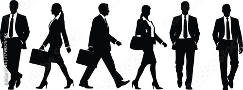 Business professionals walking silhouettes, corporate people in suits, teamwork concept, office workers commuting, career success, leadership, partnership, business lifestyle illustration