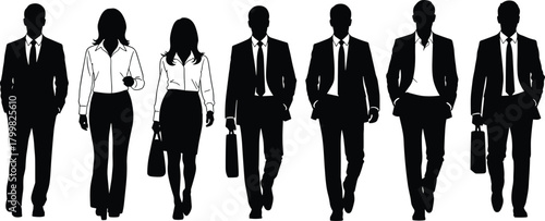 Business silhouettes, professional people, walking forward, corporate attire, men women, teamwork concept, vector illustration, black white design, formal style, success