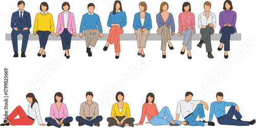 Cartoon people diversity, group seating arrangement, community illustration, social gathering concept, teamwork unity design, colorful clothing characters, professional meeting