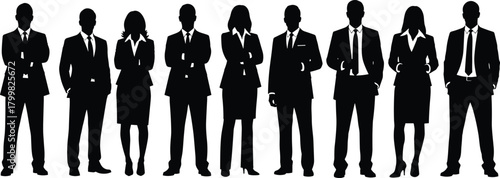 Business team silhouettes, corporate professionals standing together, diverse men and women in suits, teamwork concept, leadership, office culture, collaboration, success