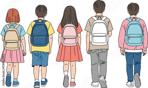 Children walking together, school kids backpacks, student group diversity, childhood friendship illustration, education lifestyle concept, casual clothing design, academic journey representation