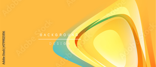 Bright yellow backdrop features layered, flowing shapes. Modern design with gradient colors, teal accents, smooth curves. Minimalist aesthetic.